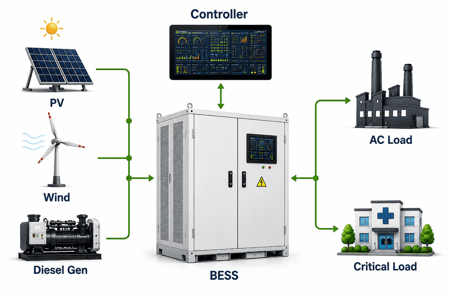 Microgrid architecture diagram with PV, wind, diesel, BESS and loads
