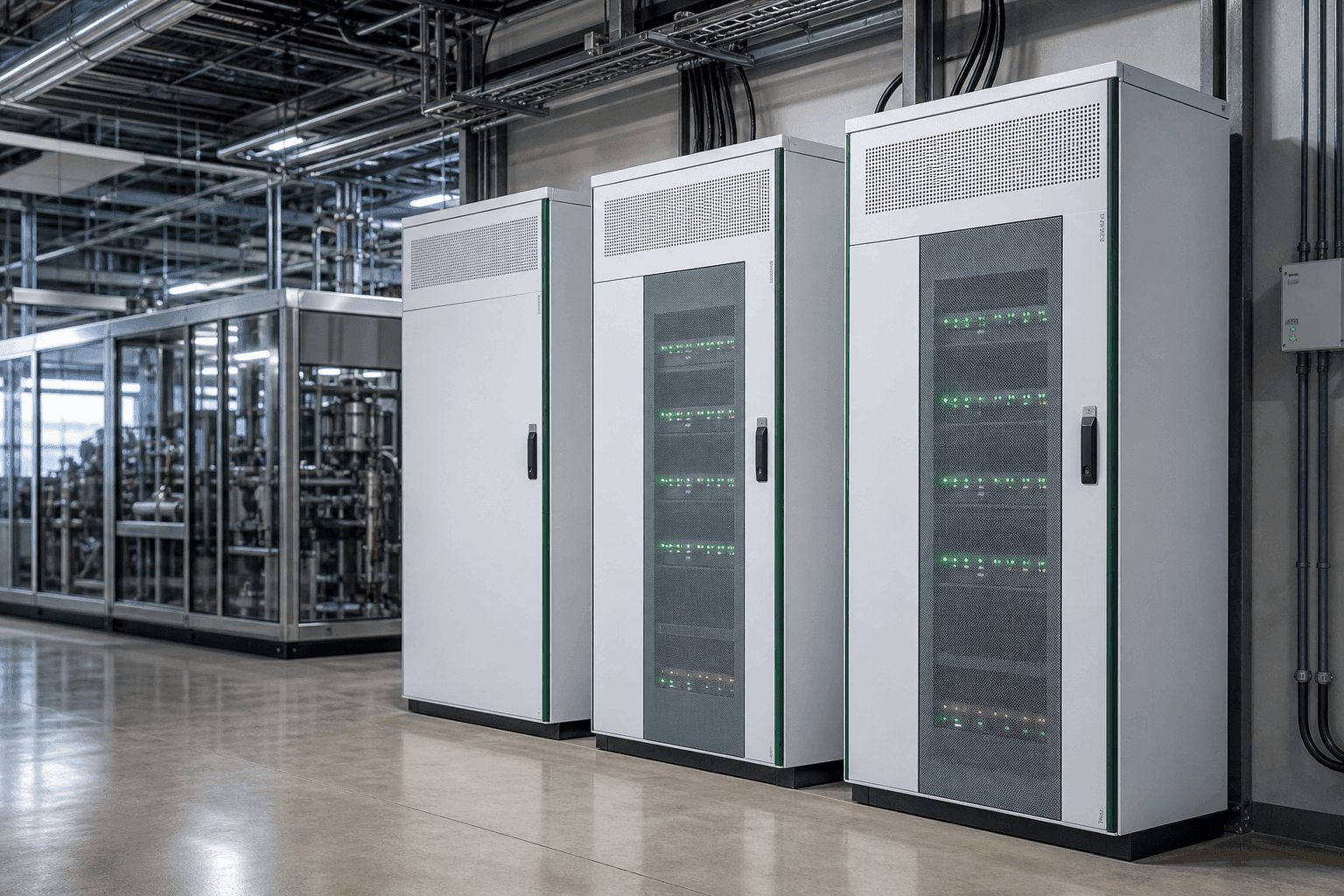 Row of modern Battery Energy Storage System cabinets providing backup power inside an industrial facility