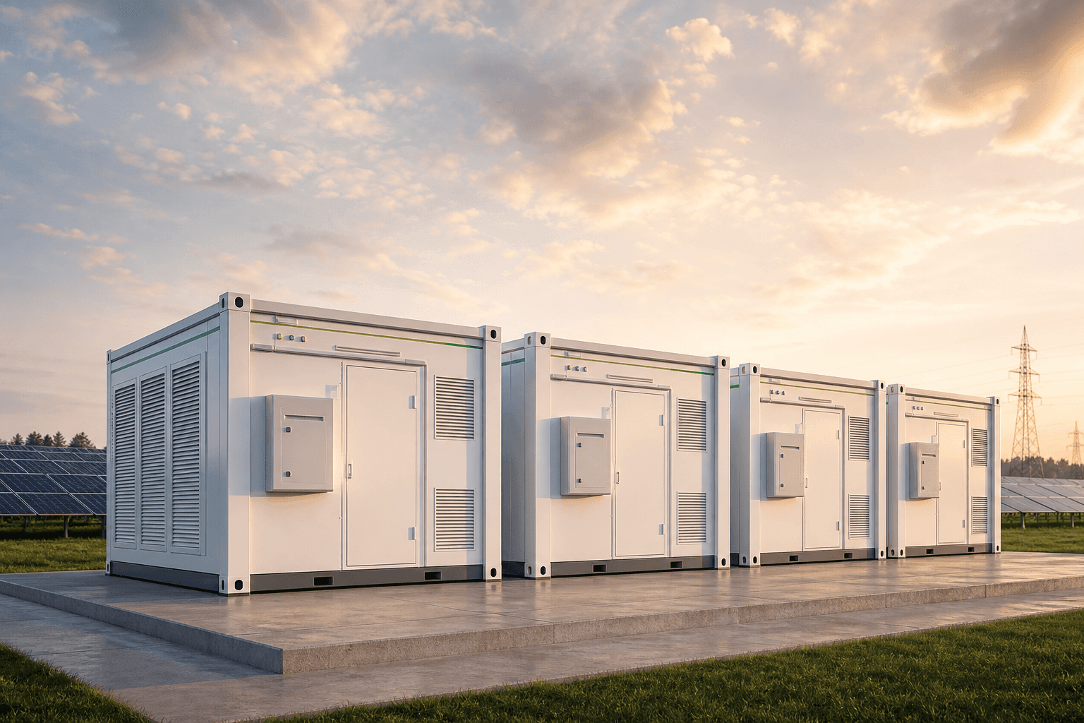 Row of modern containerized battery energy storage units at golden hour with solar panels and a transmission pylon